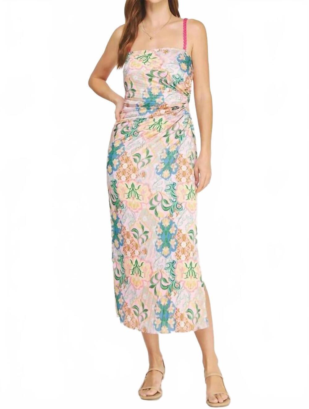 NEW STRUT & BOLT garden party pleated satin dress in pink multi
